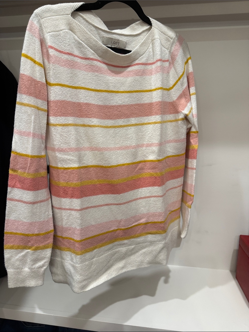 LOFT White Boatneck Sweater with Pink & Yellow Stripes